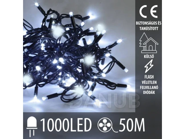 Karácsonyi kültéri led fényfüzér FLASH - 1000led – 50m - hideg fehér / hideg fehér