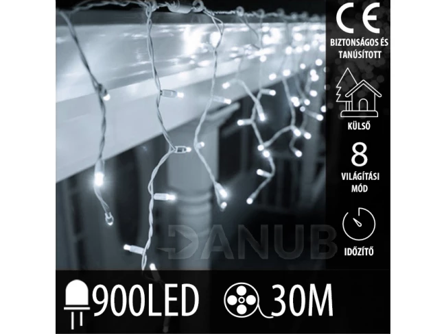 Karácsonyi kültéri LED fényfüggöny - programok - időzítő – 900 LED – 30 M hideg fehér