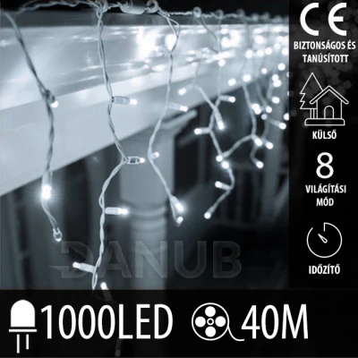 Karácsonyi LED fényfüggöny kültéri - programok + távirányító - 1000LED - 40M Hideg fehér