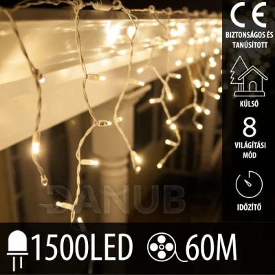 Karácsonyi LED fényfüggöny kültéri - programok + távirányító - 1500LED - 60M Meleg fehér