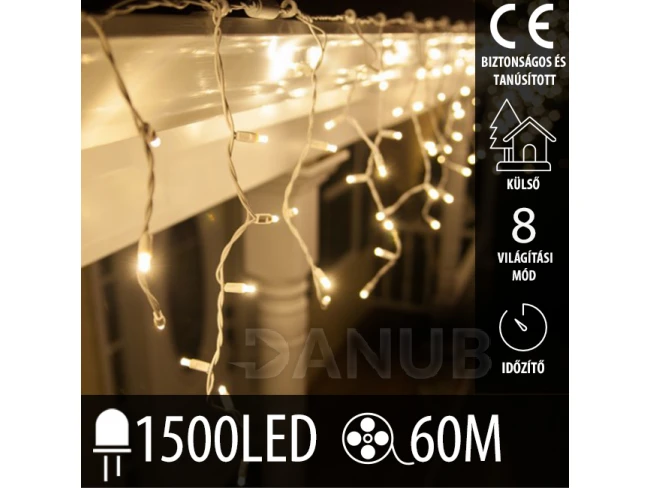Karácsonyi LED fényfüggöny kültéri - programok + távirányító - 1500LED - 60M Meleg fehér