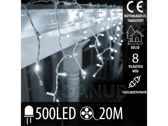 Karácsonyi LED fényfüggöny kültéri - programok + távirányító - 500LED - 20M Hideg fehér