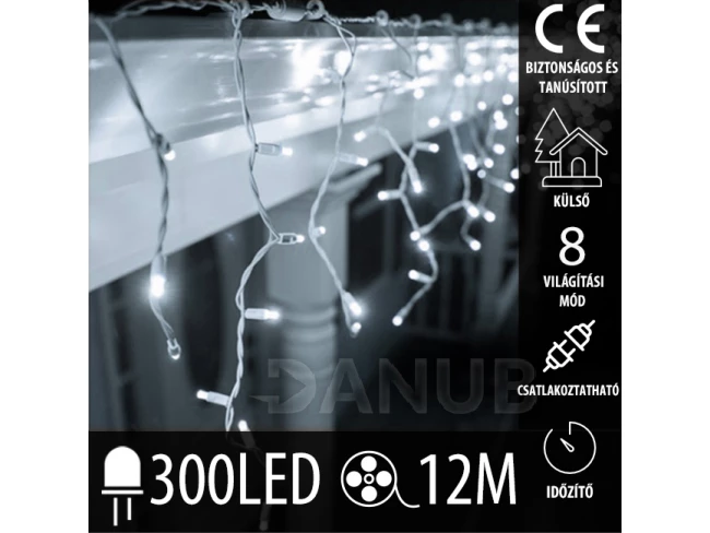 Karácsonyi LED fényfüggöny kültéri - programok - időzítő + távirányító - 300LED - 12M Hideg fehér