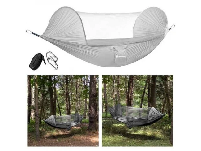 Camping függőágy szúnyoghálóval - 200 kg - 260x140 cm - szürke