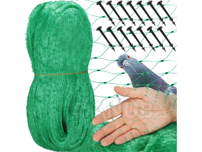 Madarak elleni védőháló rögzítőcsapokkal (14db) - 8x14 m - zöld