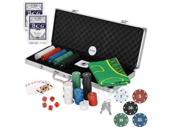 Póker készlet - bőrönd + 500 zseton + kockák + játékszőnyeg