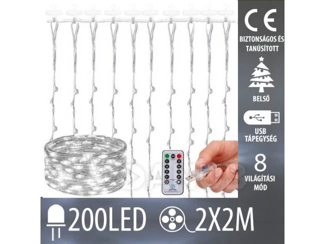 Karácsonyi beltéri led fényfüggöny USB – 200 led - programok – távvezérlő – 2x2m - hideg fehér