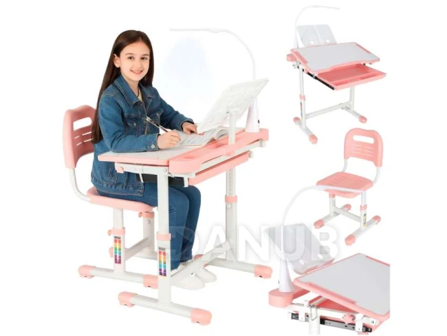 Állítható gyermek íróasztal székkel – LED-lámpa, USB – rózsaszín