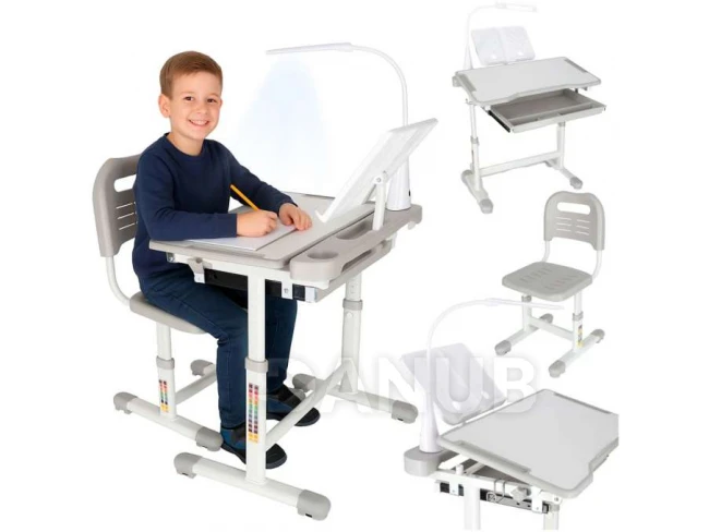 Állítható gyermek íróasztal székkel - LED lámpa, USB - szürke