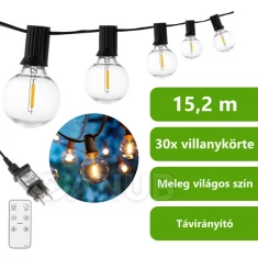 Kerti dekoratív füzér - 15,2 m - 30x LED gömb 3000K - DOLLIS LUMILED + távirányító