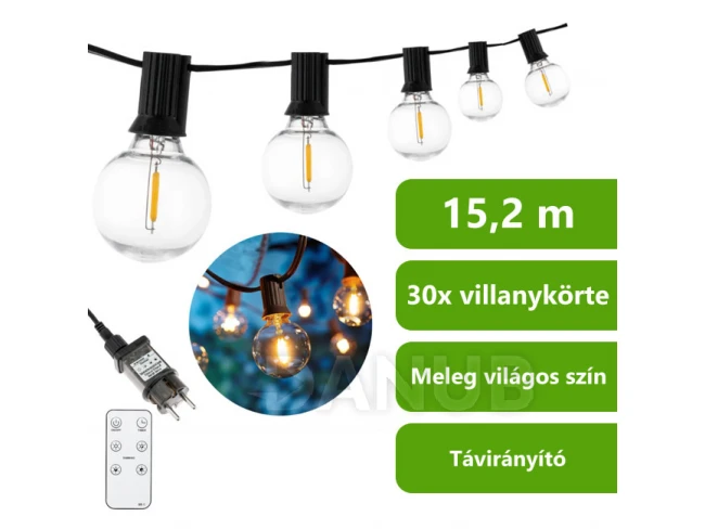 Kerti dekoratív füzér - 15,2 m - 30x LED gömb 3000K - DOLLIS LUMILED + távirányító