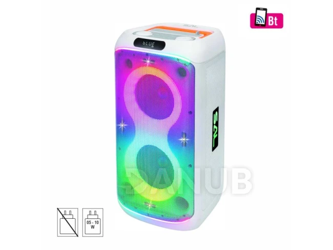 SAL PAR216WH party hangfal, 60 W, 2-utas bassz-reflex, 3 hangszóró, Bluetooth, MP3, digitális kijelző, LED fényeffekt, mikrofonnal