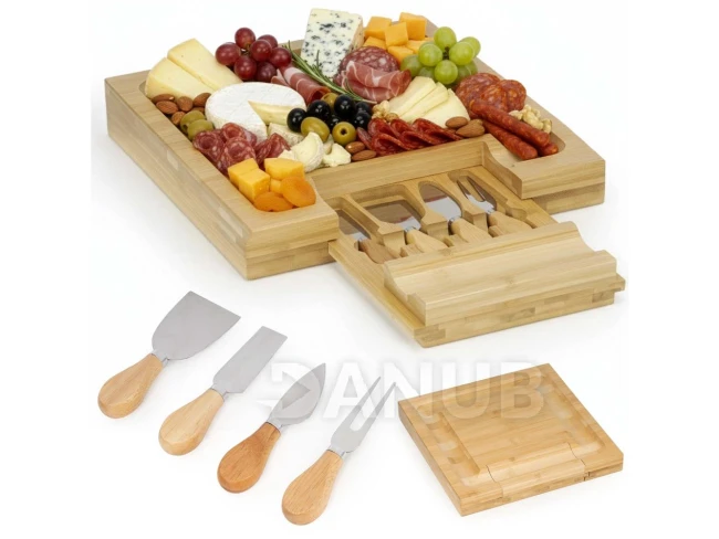 Tálalótálca frissítőhöz, késtartó fiókkal – bambusz – 33 × 33 cm