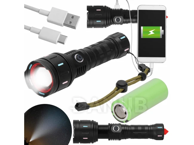 LED multifunkciós taktikai zseblámpa zoommal - újratölthető - fekete