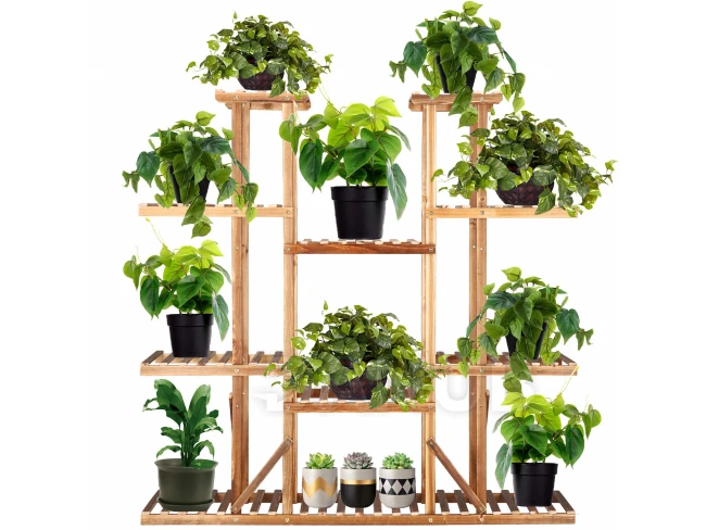 Fa virágtartó - 115x25x116 cm - 9 polccal, antik fa