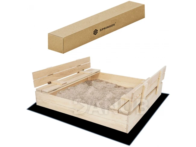 Zárható homokozó padokkal + geotextília - 120x120 cm - fa