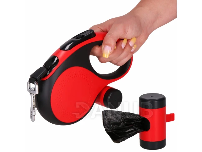 Automata kutyapóráz zacskótartóval, L - 50 kg-ig, hossz 5 m, fekete-piros