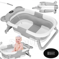 Baba hordozható szilikon kád - 27,5 l - dugóval és hőmérővel - fehér-szürke