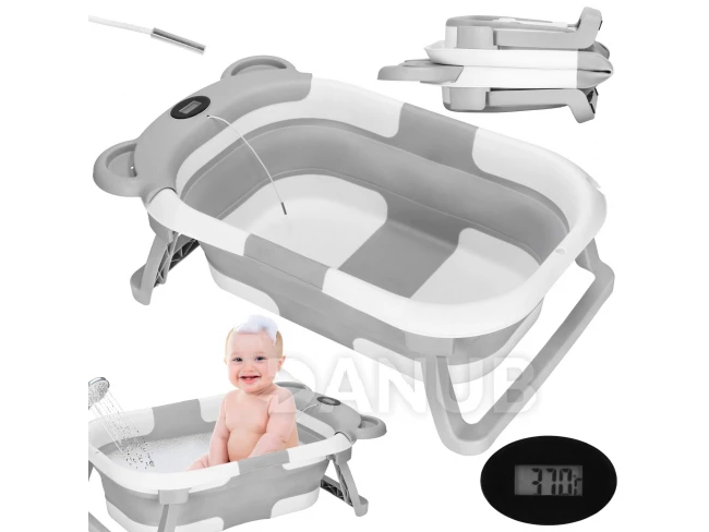 Baba hordozható szilikon kád - 27,5 l - dugóval és hőmérővel - fehér-szürke