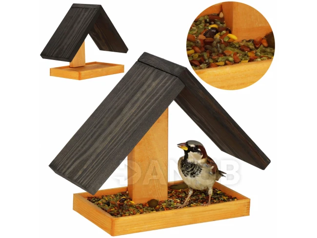 Fa madáretető tetővel, S méret - 22,55x31x23 cm - narancssárga-barna