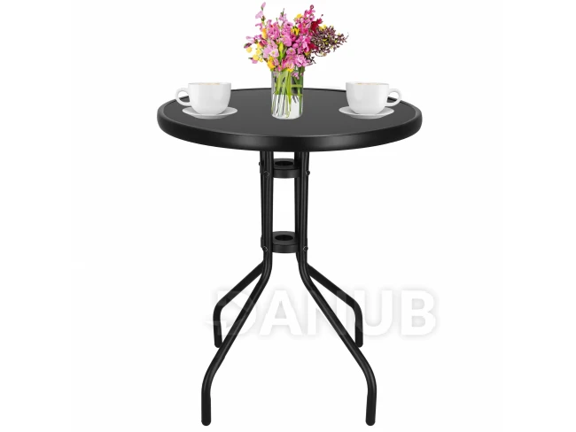 Kerti asztal kerek - 60 cm - edzett üveg - fekete