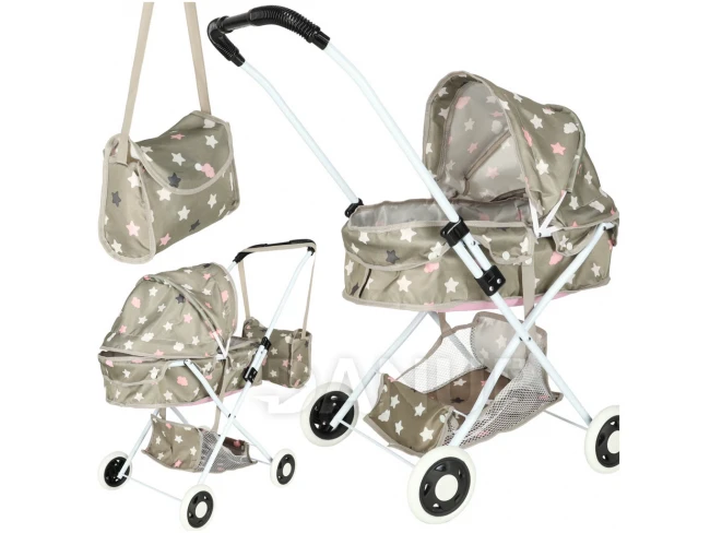 Mély játék babakocsi + táska - bézs-szürke csillagokkal