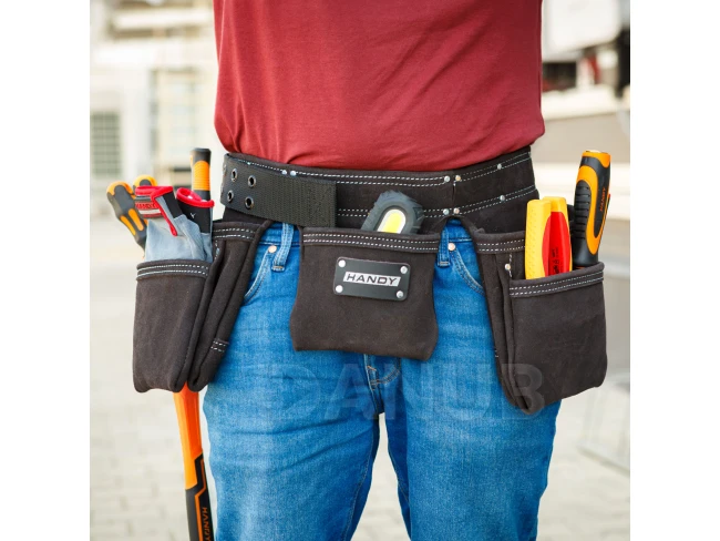 Professzionális bőr szerszámtartó öv - 7 zseb, 1 kalapácstartó, 4 ceruzatartó