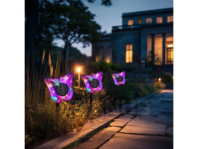 Leszúrható szolár pillangó - lila - 13 x 6,5 x 35 cm - melegfehér + színes LED