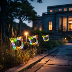 Leszúrható szolár pillangó - sárga - 13 x 6,5 x 35 cm - melegfehér + színes LED