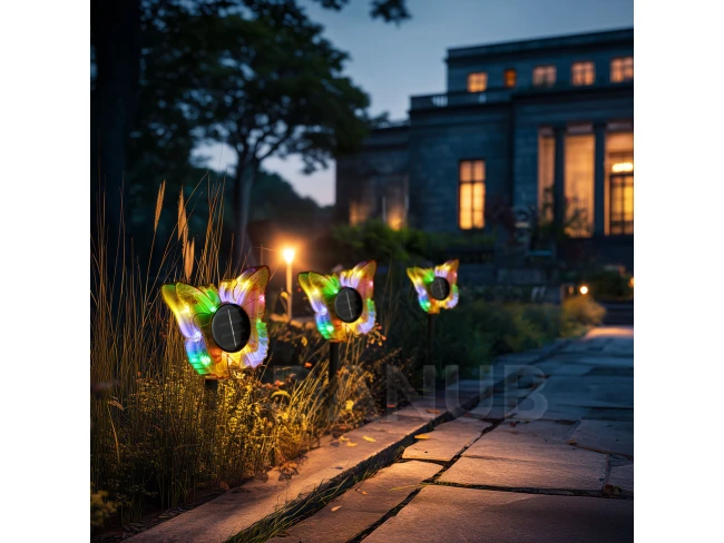 Leszúrható szolár pillangó - sárga - 13 x 6,5 x 35 cm - melegfehér + színes LED