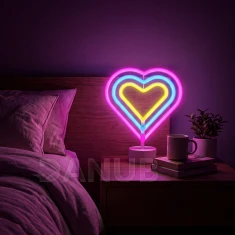 Neon LED lámpa - színes szív - 3 x AA + USB - 25,2 x 1,6 x 23 cm