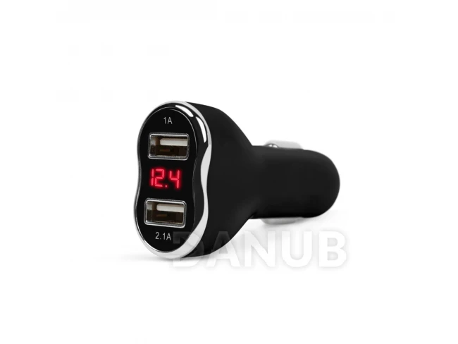 Adapter autós öngyújtóba kettős USB porttal, feszültség- és áramméréssel - fekete