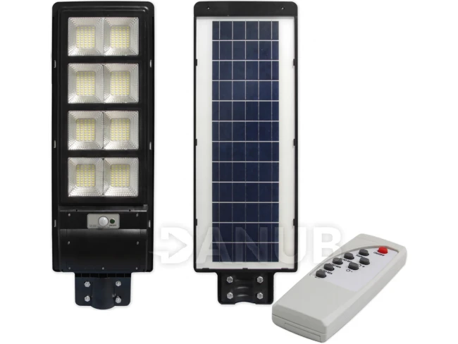 LED napelemes utcai lámpa - 360W - 6000K + mozgás- és szürkületérzékelő + vezérlő - fekete