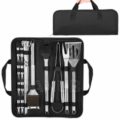 rozsdamentes grill készlet, 20 darabos, grillszett táskában