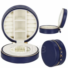 Kerek ékszerdoboz rekeszekkel - 11x5 cm - sötétkék ökobőr
