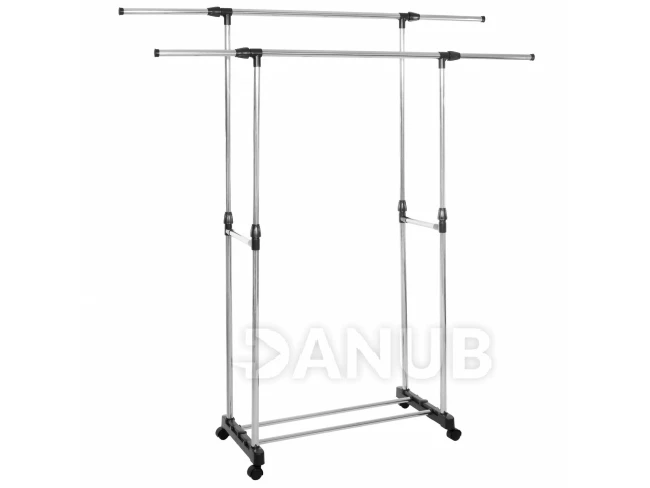 Ruhatartó állvány - dupla - 85-150 cm kerekeken - alumínium - teleszkópos