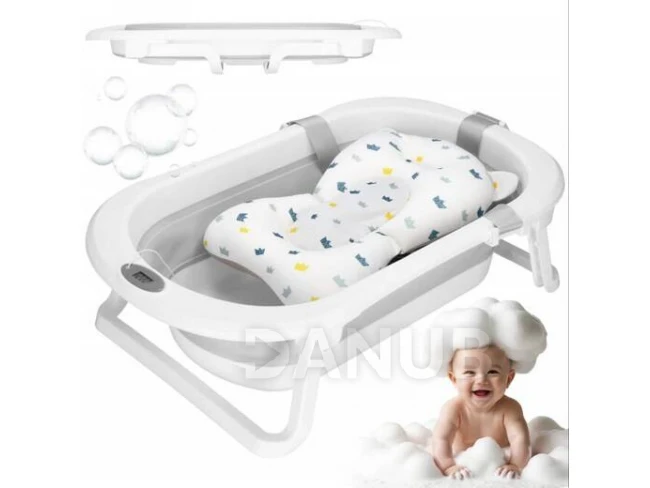 Baba hordozható szilikon kád - 40 l - dugóval, alátéttel és hőmérővel - fehér-szürke