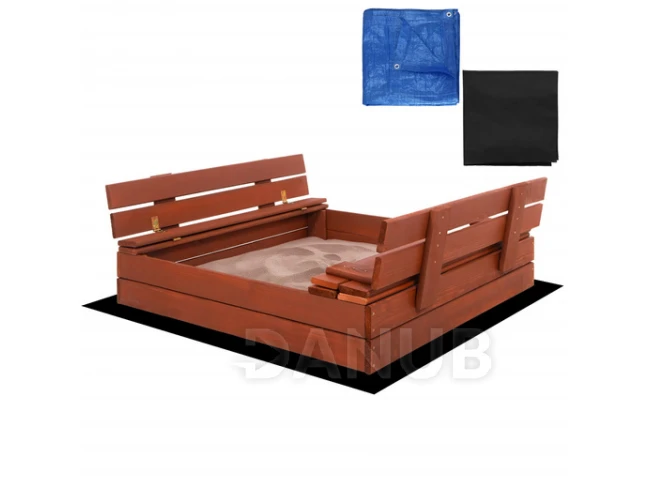 Fa homokozó padokkal - 100x100 cm - zárható - barna 