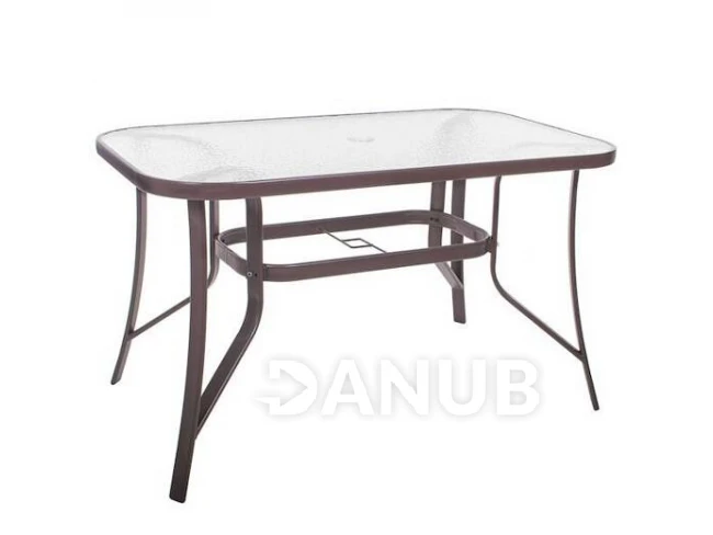 Kerti asztal 120x70x70cm - fém+üveg, barna