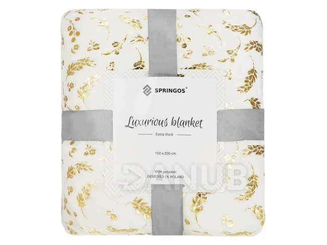 Plüss takaró LUX - 150x200cm - krém + arany levelek