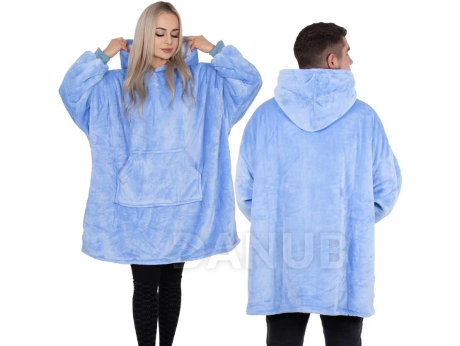 Unisex meleg bársony oversize 2in1 kapucnis pulóver - világoskék
