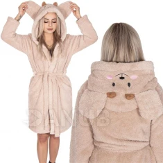 Classic Női plüss fürdőköpeny kapucnival - L/XL - világosbarna – mackó minta