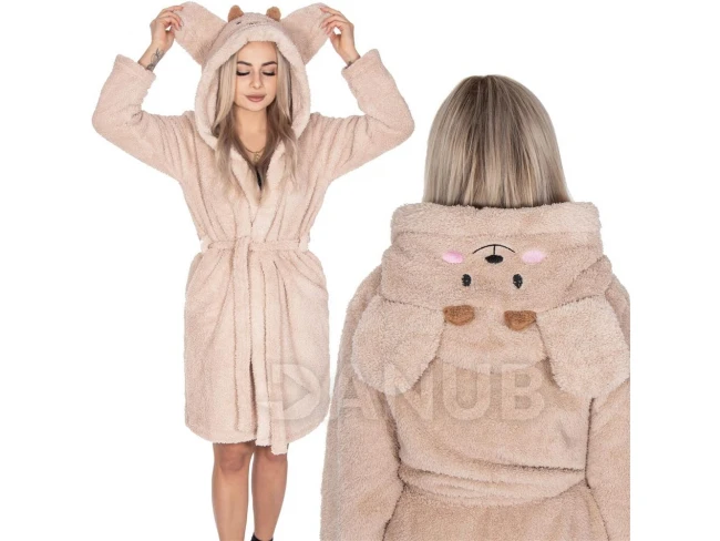 Classic Női plüss fürdőköpeny kapucnival - L/XL - világosbarna – mackó minta