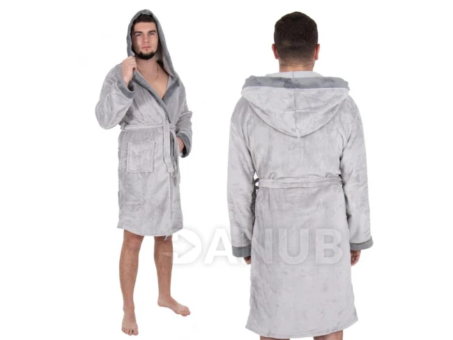Férfi plüss fürdőköpeny kapucnival – L/XL – szürke
