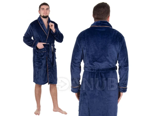 Férfi plüss fürdőköpeny – L/XL – sötétkék barnával