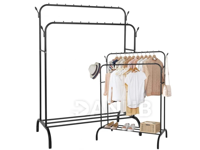 Ruhatartó állvány - dupla - 146x110x55 cm - fém - fekete