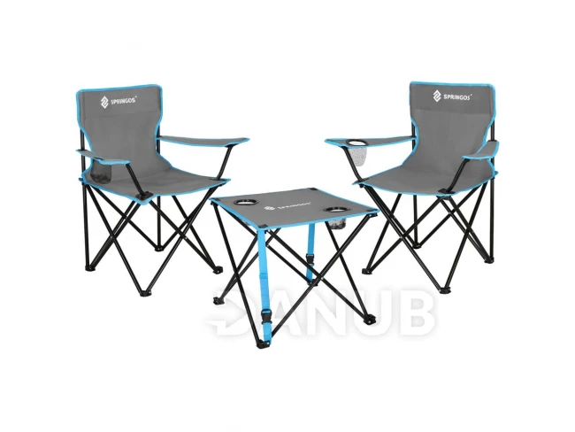 Összecsukható kemping szett: asztal és 2 szék háttámlával