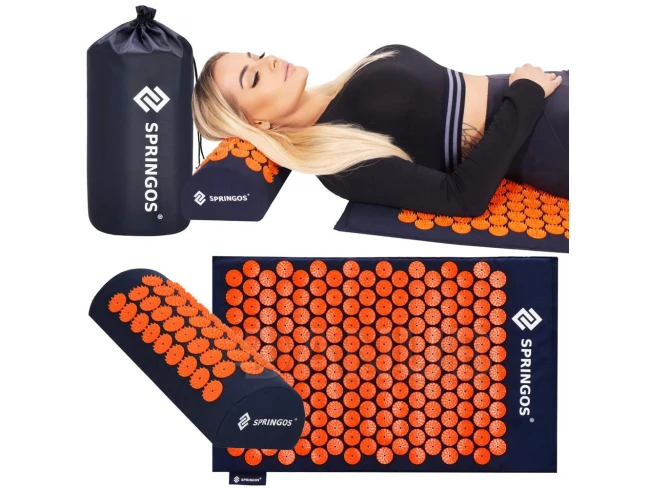 Akupresszúrás alátét és párna masszázstüskékkel - 65x41 cm - sötétkék-narancssárga