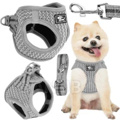 Nyomásmentes hám kutyáknak, macskáknak L 14-20 kg-ig + póráz 150 cm szürke
