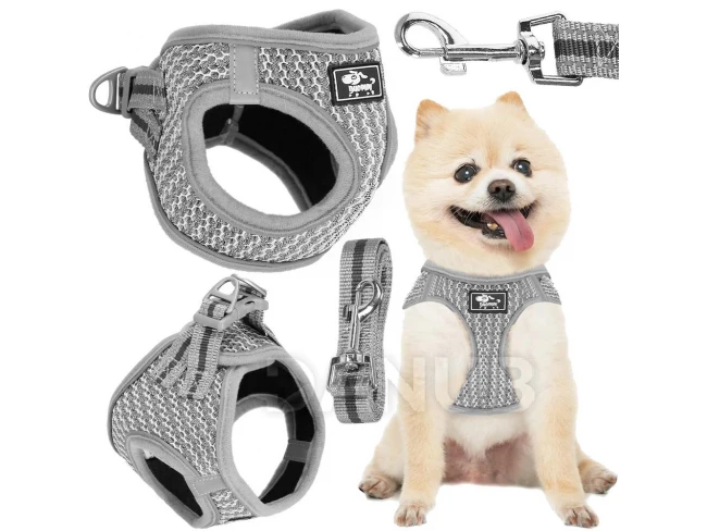 Nyomásmentes hám kutyáknak, macskáknak L 14-20 kg-ig + póráz 150 cm szürke